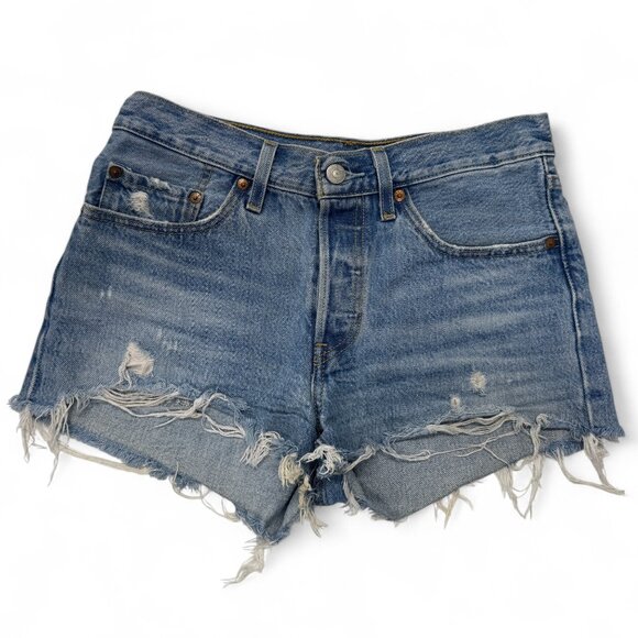 Levis Shorts Womens 26 Blue Denim Jean Cutoff Premium Big E 501 Button Fly - Picture 1 of 9